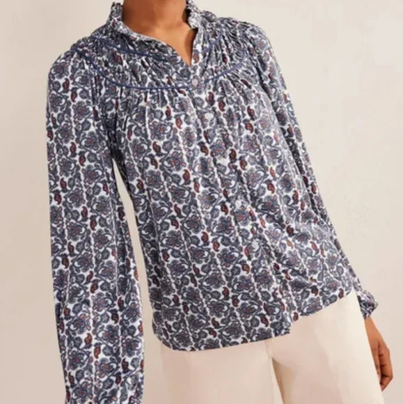 Boden Blue and White Paisley Long-Sleeve Ruffled Yoke Blouse - Picture 9 of 9